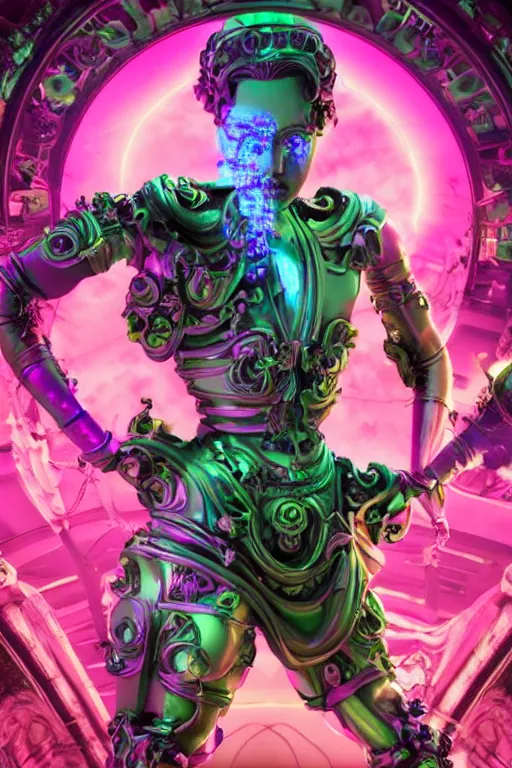 Image similar to full-body rococo and cyberpunk style sculpture of a young handsome seductive Italian android prince reaching for the sun, glowing pink eyes, crown of blue gears, swirling green-colored silk fabric. futuristic elements. full-length view. intricate artwork by caravaggio. Trending on artstation, octane render, cinematic lighting from the right, hyper realism, octane render, 8k, depth of field, 3D