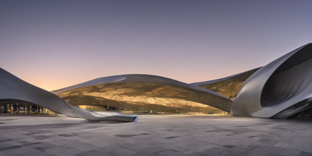 Prompt: extremely elegant smooth detailed stunning sophisticated beautiful elegant futuristic museum exterior by Zaha Hadid, smooth curvilinear design, stunning volumetric light, stainless steal, concrete, translucent material, beautiful sunset, tail lights