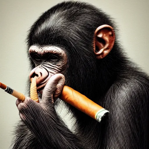 Image similar to a high detail photo of donald trump smoking a cigarrette, subject= chimp, subject detail: extremly detailed, subject action: smoking a cigar, photorealism, dramatic lighting, award winning photograph, trending on artstation