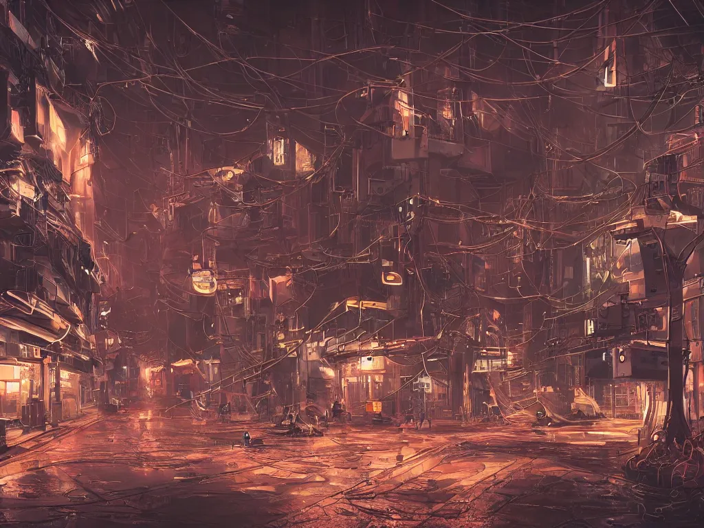 Prompt: futuristic dieselpunk street, cable stone ground. lots hanging cables, tiny wires on the ground. narrow, garbage on the ground. rain. fog, haze, evening. led screens. neon signs. golden hour. very sharp. cables on the ground. very messy. futuristic. photorealistic. artstation. anime. studio gimbli style. golden rate.