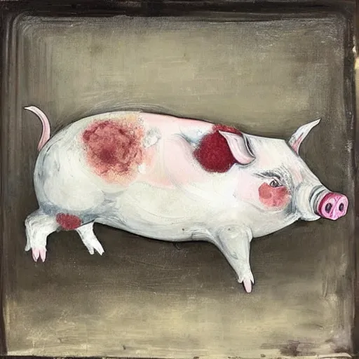 Image similar to “pig paintings and pig sculptures in a pig art gallery, pork, ikebana white flowers, white wax dripping, squashed raspberry stains, acrylic and spray paint and oilstick on canvas, by munch and Dali”