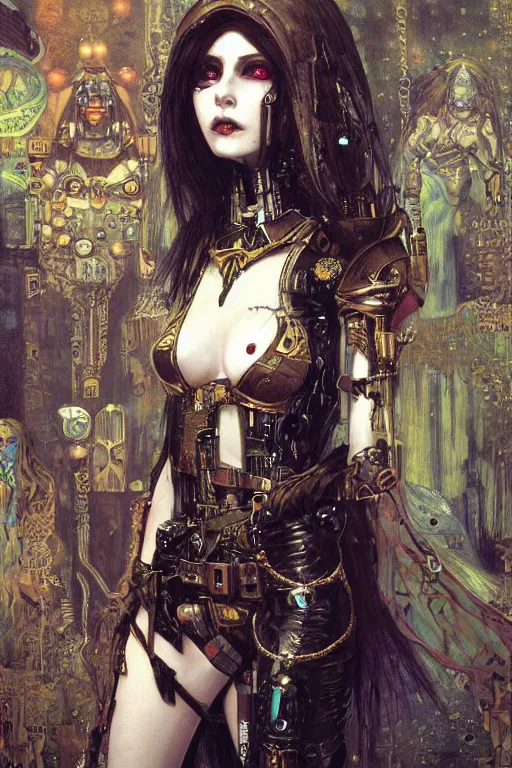 Image similar to beautiful young gothic maiden, cyberpunk, Warhammer 40000, highly detailed, artstation, illustration, art by Gustav Klimt