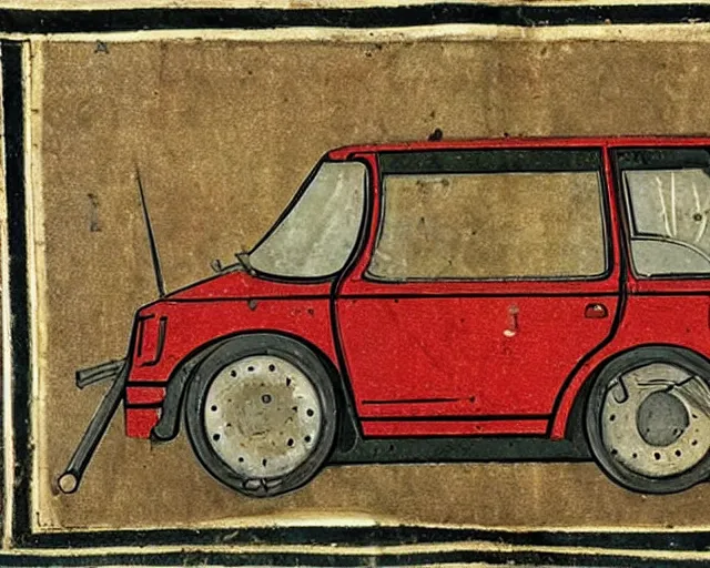 Image similar to Page from illuminated medieval manuscript showing a rusty Fiat 126p