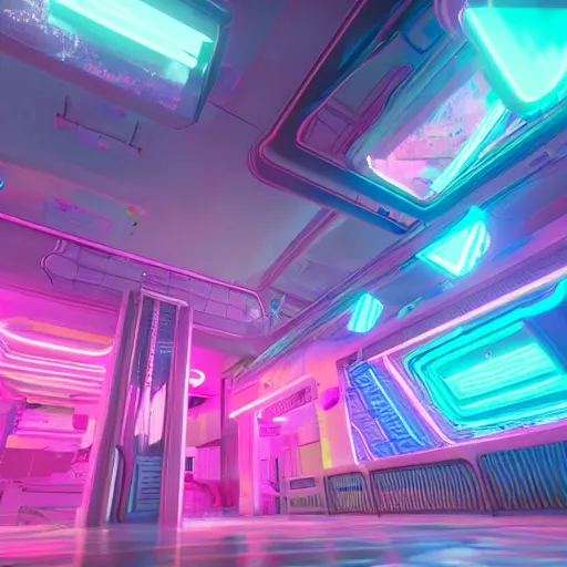 Prompt: futuristic, neon, intricate, vaporwave, pastel colors, hd 8 k, unreal engine, abandoned, overgrown, candy shop