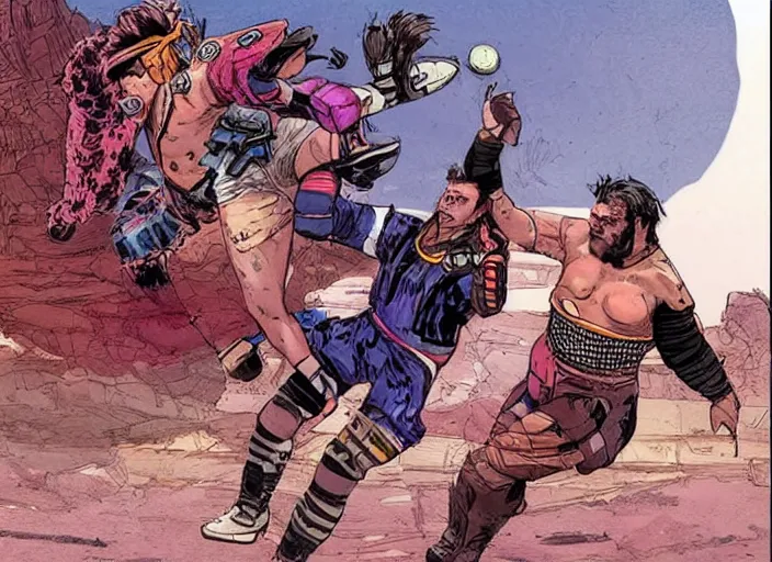 Prompt: apex legends pro wrestling match. concept art by james gurney and mœbius. gorgeous face.