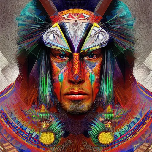 Image similar to digital painting of a warrior shaman with geometric patterns and animals by android jones