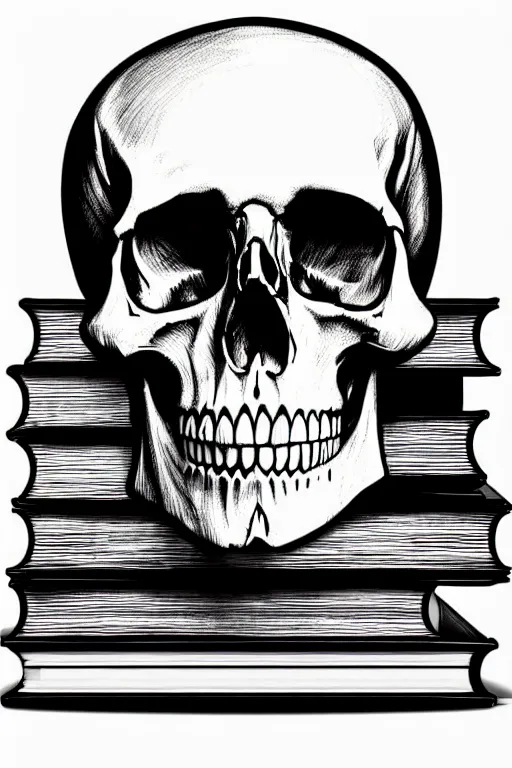 Prompt: one photo realistic skull on a stack of books, art by james o barr and albrecht durer, black ink sketch, black and white, vector, vector art