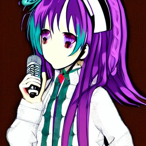 Prompt: hatsune mikue in a sweater rapper with microphone dark art