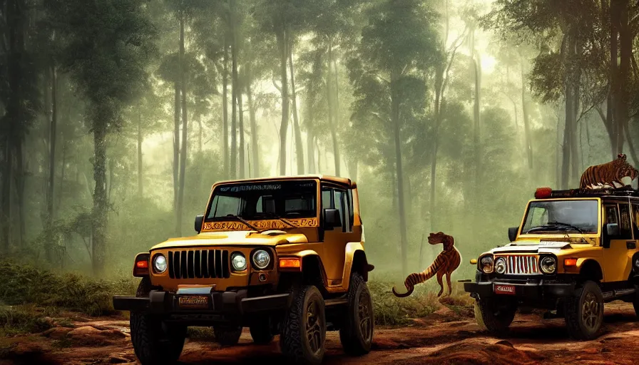 Image similar to Mahindra thar, in kerala forest, tigers and lions chasing, action scene, an epic fantasy, dramatic lighting, cinematic, establishing shot, extremely high detail, photorealistic, cinematic lighting, matte painting, artstation, by simon stalenhag, horizon forbideen west