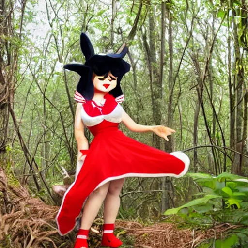 Image similar to a tex avery of reimu in the jungle wearing bonnet