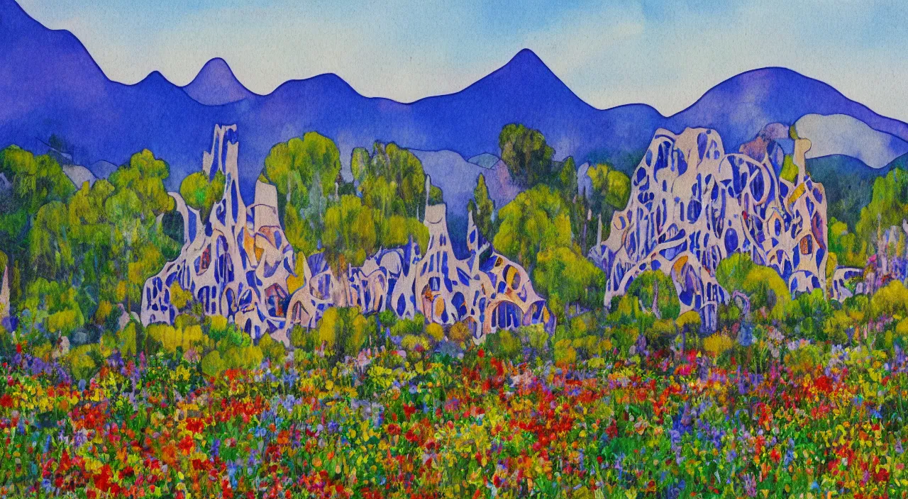 Prompt: a landscape painting of a house designed by Antoni Gaudí, with flower fields as foreground, with mountains as background