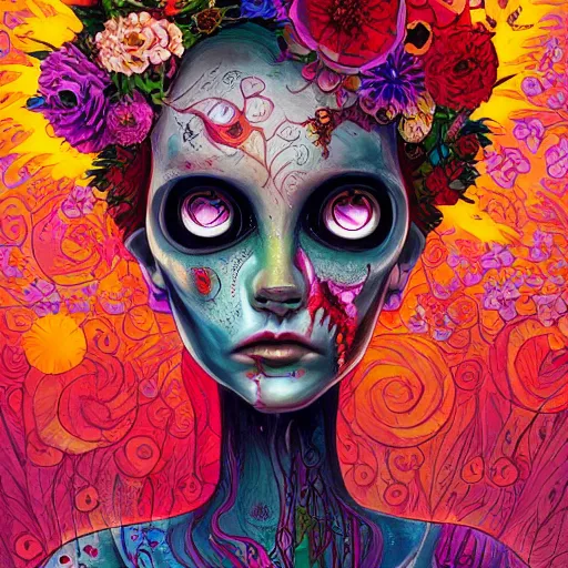 Prompt: a painting of a beatiful young fabric zombie girl with a lot of flowers and plants on its head, poster art by android jones, behance contest winner, generativ line art, glowing, shallow depth of field, 5 0 mm, full body!! symmetry