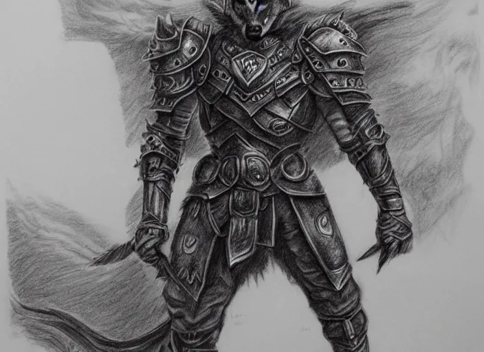 Image similar to a pencil drawing of a wolf, full body, D&D, armor, made by by Pen Tacula