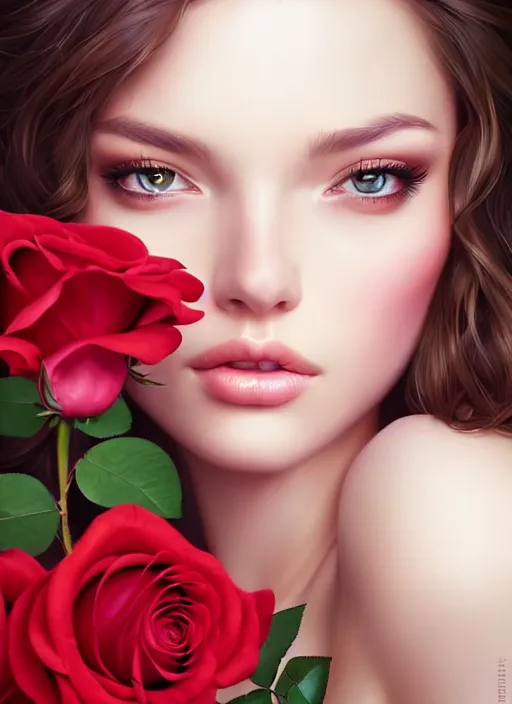 Image similar to a gorgeous female photo, professionally retouched, soft lighting, holding a bouquet of roses, realistic, smooth face, perfect eyes, wide angle, sharp focus on eyes, 8 k high definition, insanely detailed, intricate, elegant, art by artgerm and wlop