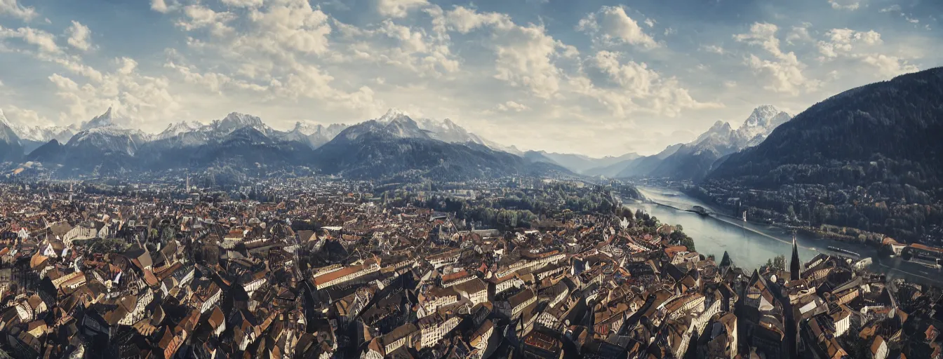 Image similar to Photo of Zurich, looking down the river at the lake and the alps, Hardturm, Grossmünster, wide angle, volumetric light, hyperdetailed, mountain water, artstation, cgsociety, 8k