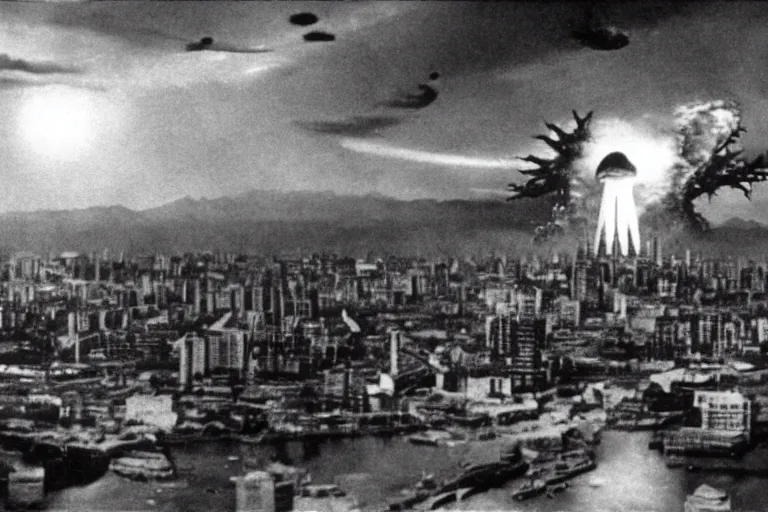 Image similar to a filmstill of Kim Jong-il and a Starro Kaiju monster destroying Pyongyang, in Godzilla (1954) by Ishirō Honda, traditional Korean city, palace, epic ultrawide shot, cinémascope