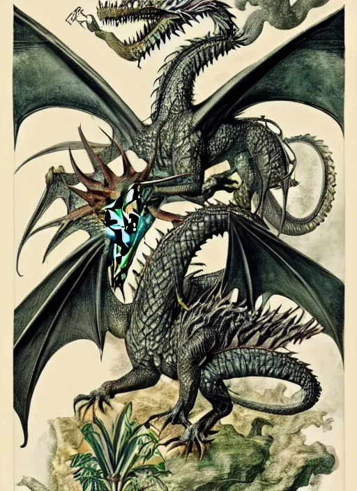 Image similar to game of thrones dragon in a tropical forest, john james audubon, ernst haeckel, intaglio, sharp focus