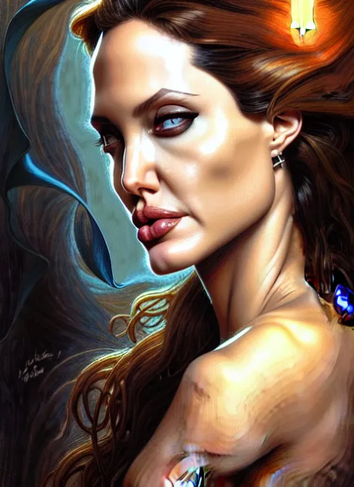 Prompt: portrait of angelina jolie, volumetric lights, feast, music notes, art nouveau botanicals, gothic, intricate, highly detailed, digital painting, artstation, concept art, smooth, sharp focus, symmetric face, illustration, steampunk, art by artgerm and greg rutkowski and alphonse mucha