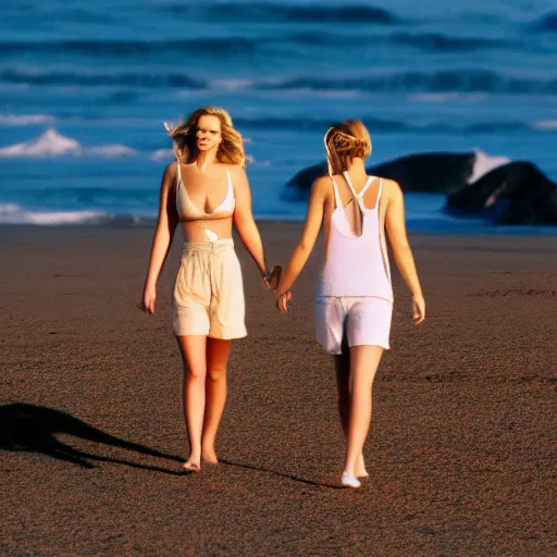 Image similar to beautiful hyperdetailed photograph of jennifer lawrence and jennifer lawrence taking a walk at the beach, golden hour, soft focus, 8 k, portra 4 0 0