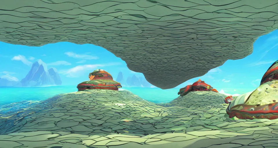 Image similar to giant abalone - shaped seashell house in the ocean by roger deakins, bill sienckiwicz, in the style of zelda windwaker, triadic color scheme, cell shading, 3 d