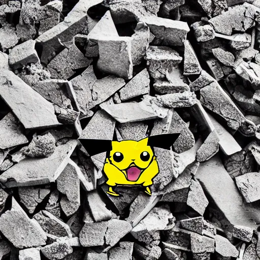 Prompt: The face of Pikachu appearing in shards of broken pottery, 8K resolution photo