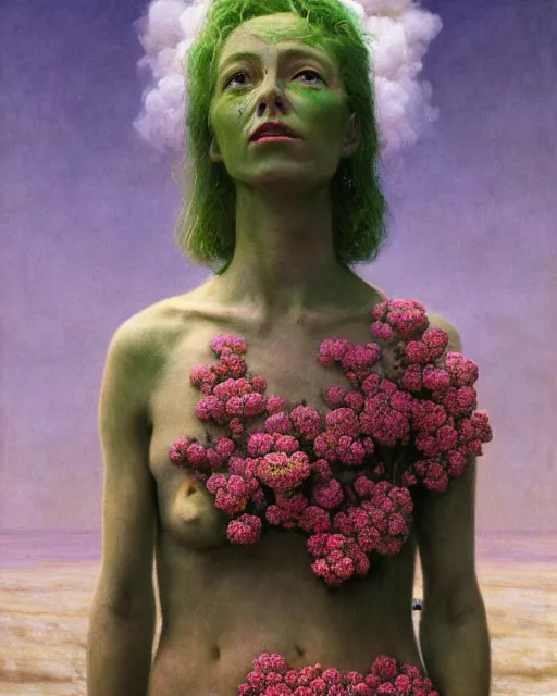 Image similar to A portrait of a woman wearing clothes made out of dying flowers, nuclear explosion in the background, Masterpiece, green skin, glowing, wires everywhere, by Edgar Maxence and Ross Tran, Zdzisław Beksiński, and Michael Whelan, distant, gustav dore, H.R. Giger, 8k, octane render