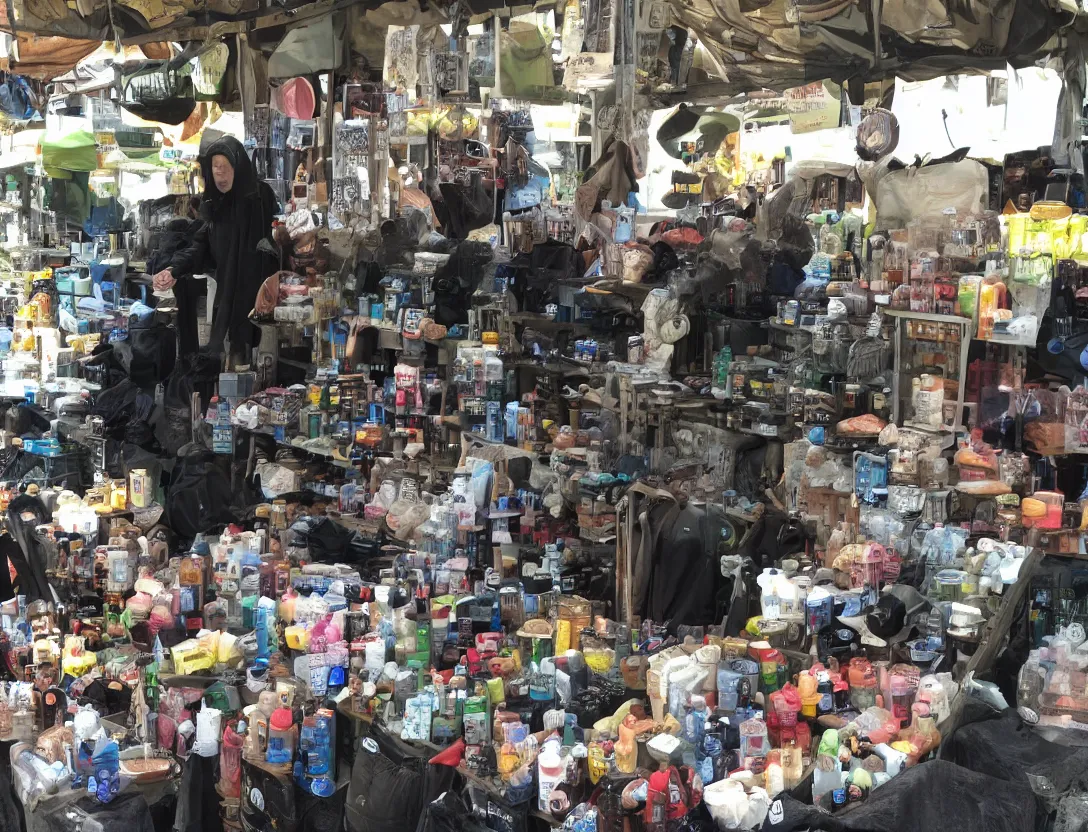 Prompt: market stall in Mordor. An orc selling dark toiletries and body parts