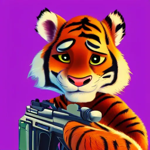 Image similar to “portrait of tiger in the style of the movie zootopia holding a laser gun, 4k, digital art, award winning”