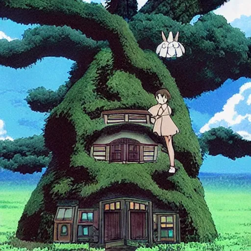 Prompt: the tree is a house, studio ghibli
