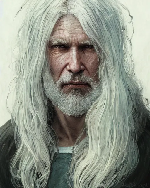 Prompt: portrait of 4 0 - year - old man with long white hair with a pale complexion, clear face, pointed face and grey eyes, hyper realistic face, beautiful eyes, fantasy art, in the style of greg rutkowski, intricate, alphonse mucha, hyper detailed, smooth