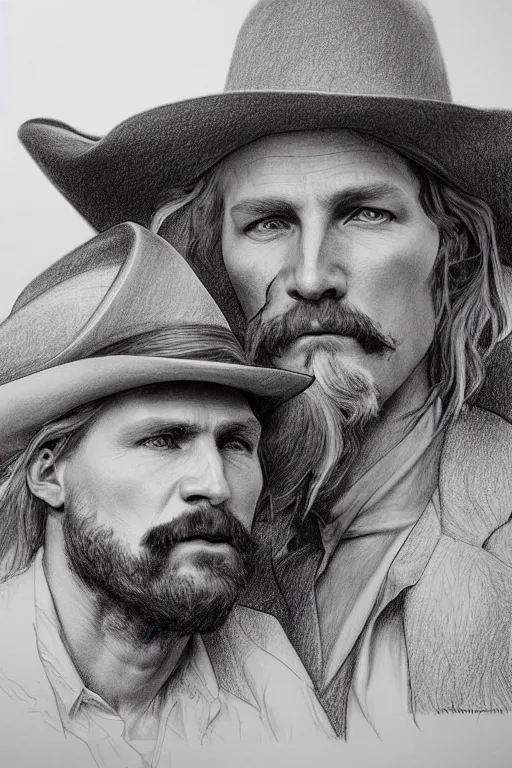 Image similar to hyperrealist pencil sketch of a cowboy david malan and alphonse mucha, fantasy art, drawing, dynamic lighting, artstation, poster, volumetric lighting, very detailed faces, 4 k, award winning