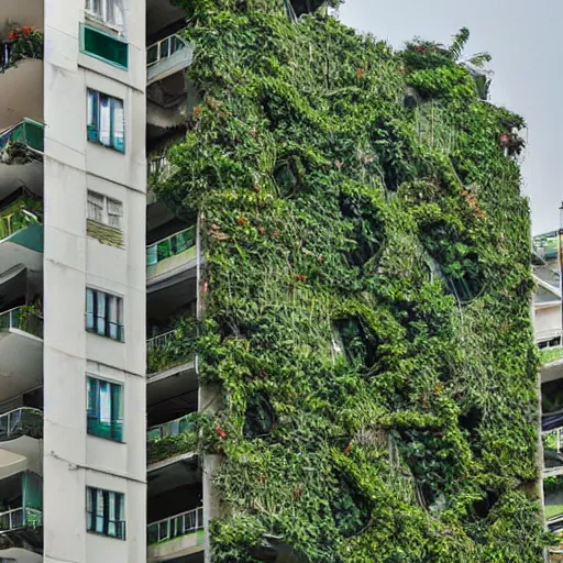 Prompt: ha noi apartment block by norman foster overgrown by vines