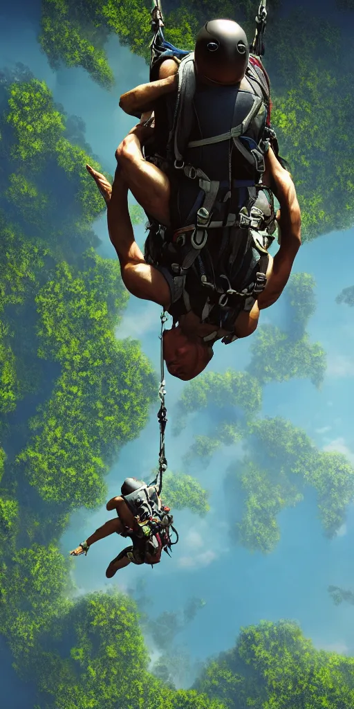 Prompt: downward view of sky divers parachuting downward, Amazon jungle setting, Photorealistic, establishing shot, cinematic lighting, , dramatic lighting, atmospheric, realistic, octane render, highly detailed, color graded, matte painting in the style of craig mullins