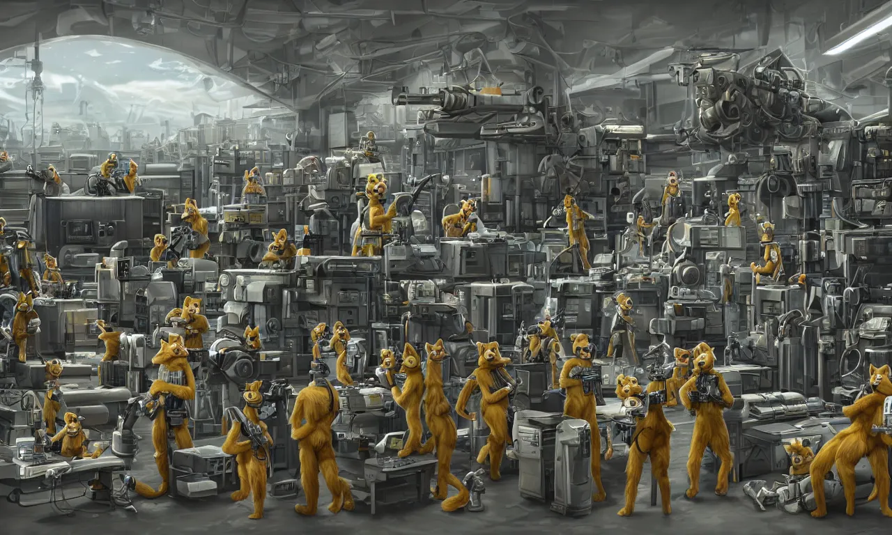 Image similar to epic scenic shot, highly detailed weapons laboratory, clean and organized, quantum technology, bright lights, warehouse, with anthropomorphic furry researchers in military uniforms and hazmat suits, carrying guns, tables, parts, gun scraps, windows, sci fi, Extremely detailed digital art, furry art, furaffinity, DeviantArt, HD artstation