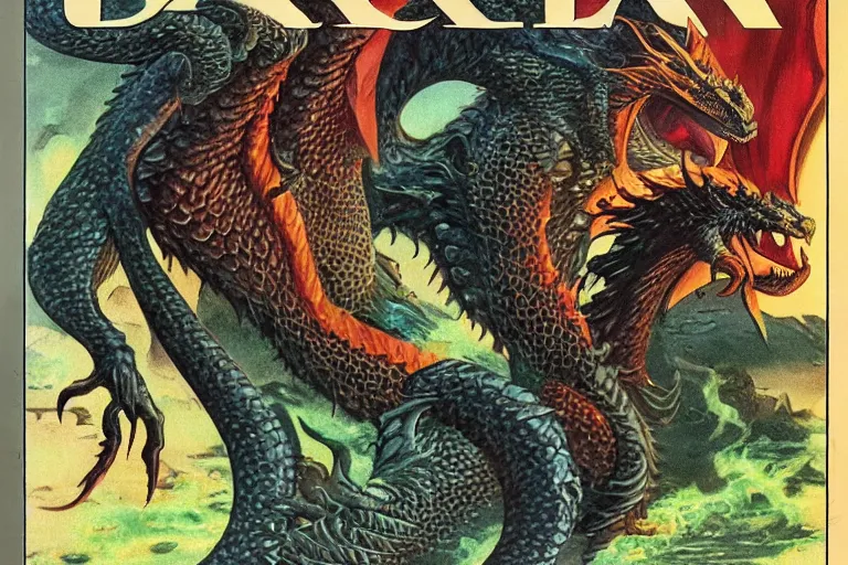 Image similar to 1979 Dragon magazine cover depicting a draconic humanoid mage in fantasy style by Larry Elmore.