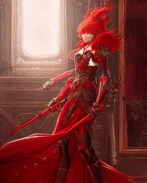 Image similar to redhead queen knight in heavy red armor, inside grand hall in castle with rococo aesthetic, intimidating, high fantasy, intricate detail, digital painting, artstation, concept art, smooth, sharp focus, illustration, art by yoshitaka amano and monia merlo and wlop, masterpiece.