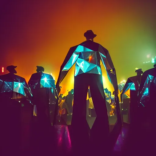 Image similar to unsplash contest winning photo, a giant crowd of men wearing shiny reflective mirrored polygonal man costumes, inside a colorful dramatic unique rocky western landscape, low fog, giant neon frame