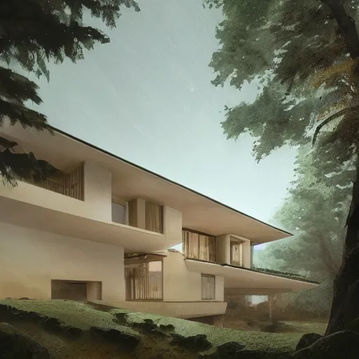 Image similar to beige rectangular house with big central atrium, on a hill surrounded by big trees, dramatic lighting, artstation, matte painting, raphael lacoste, simon stalenhag, frank lloyd wright, zaha hadid, drone view