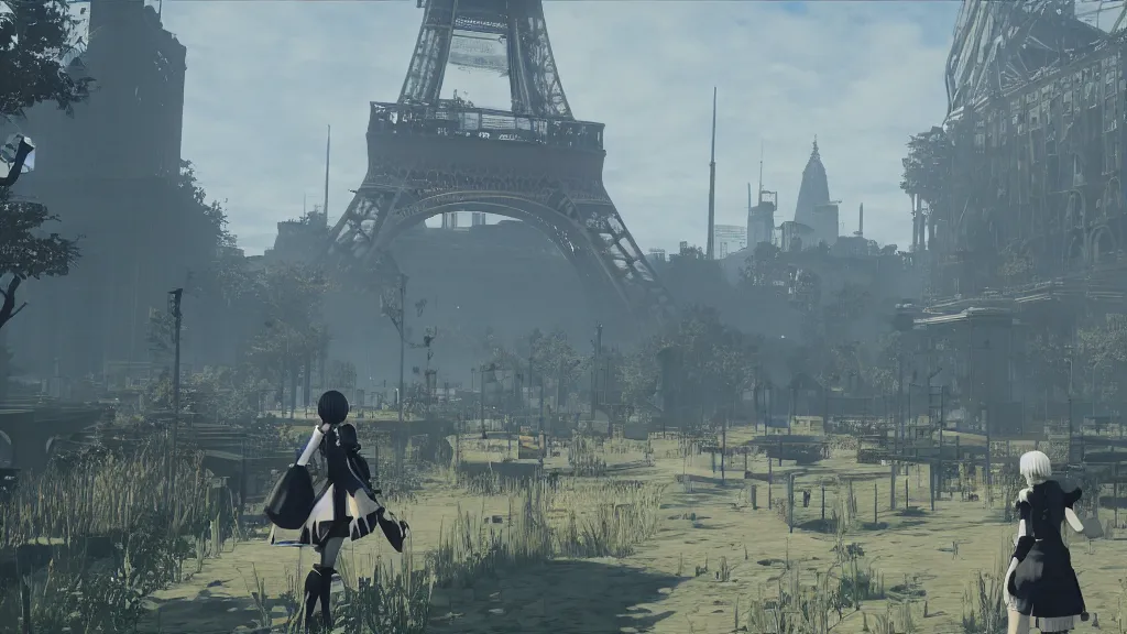 Image similar to Screenshot from Nier Automata, beautiful landscape in Paris