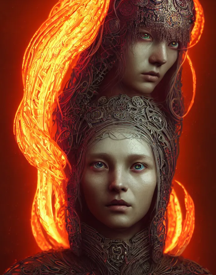 Prompt: beautiful goddess portrait tribal beautiful slavic russian monk in hooded princess queen, ancient high tech, cyberpunk, dystopian, jellyfish phoenix dragon, butterfly squid, burning halo, intricate artwork by Tooth Wu and wlop and beeple, greg rutkowski and artgerm, cinematic, hyper realism, high detail, octane render, unreal engine, 8k, Vibrant colors, Smooth gradients, High contrast, depth of field, aperture f1.2