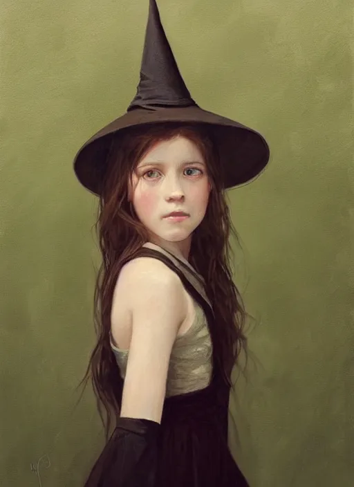 Image similar to a portrait of a thirteen year old girl with brown hair. she is wearing a simple green dress and a black pointed witch hat. beautiful painting with highly detailed face by greg rutkowski and magali villanueve