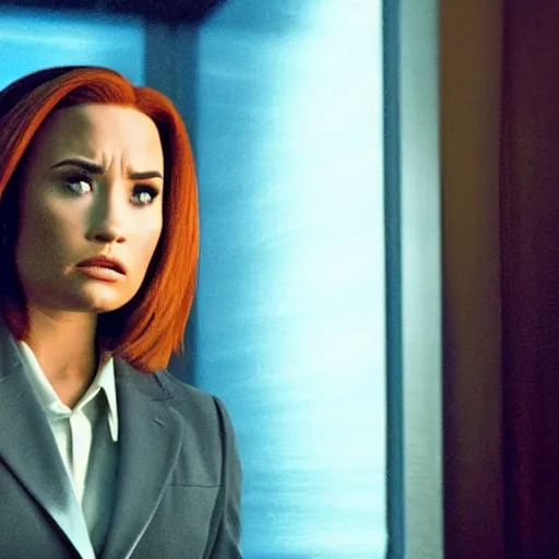 Prompt: close-up of Demi Lovato as Dana Scully in an X-Files movie directed by Christopher Nolan, movie still frame, promotional image, imax 35 mm footage