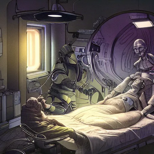 Prompt: primitive aliens caring for injured human at bedside, cinematic, worm's eye view, dramatic lighting, illustration, ron cobb, mike mignogna, science fiction, detailed painting, high detail, rough paper