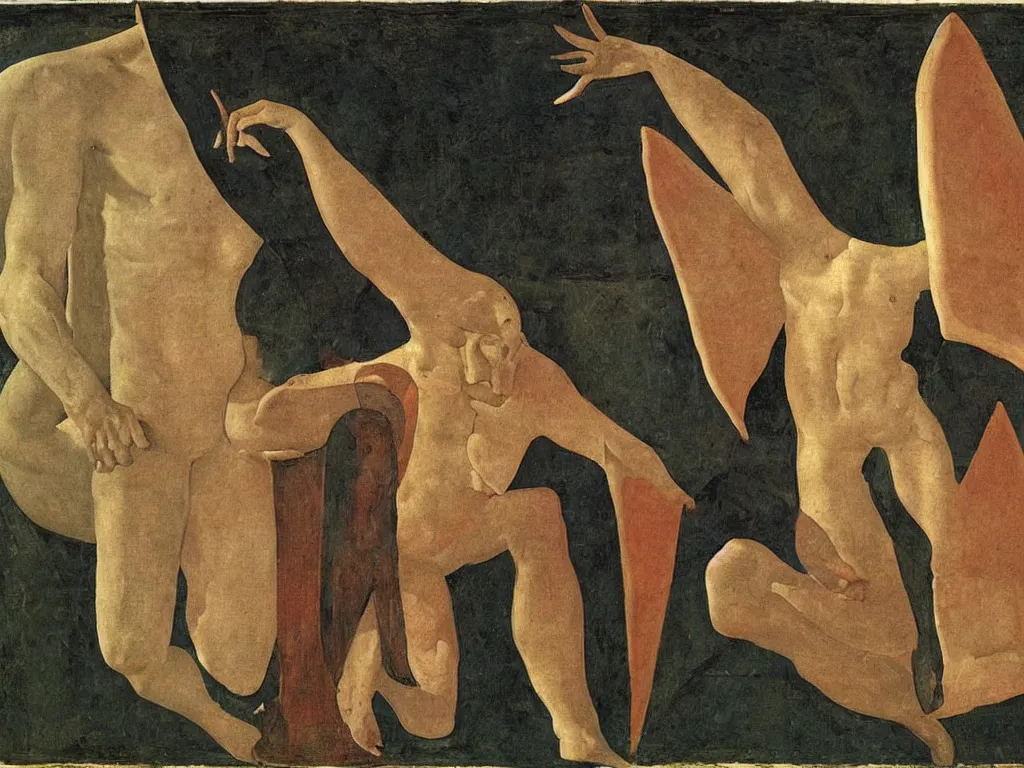 Prompt: The sun-toucher. Devil with horns hides in a dark spot. Painting by Piero della Francesca, Balthus