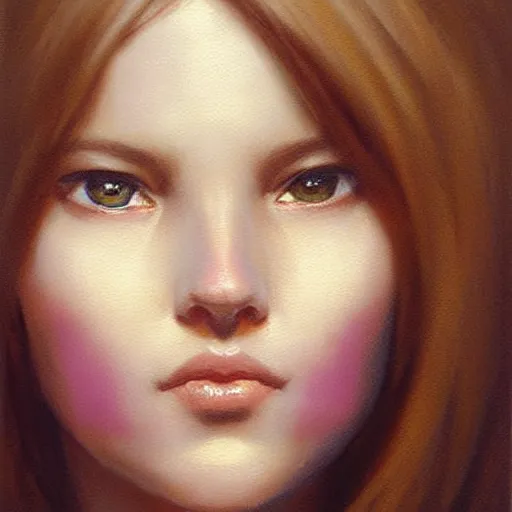 Prompt: Facial portrait of a pretty young cute girl, looking at the camera, slight awkward smile, lips slightly parted, no hands visible, extremely detailed painting by Greg Rutkowski and by Henry Justice Ford and by Steve Henderson