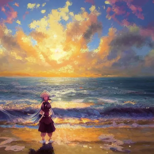 Image similar to Beautiful portrait of Kirisame Marisa from the Touhou project at the beach at sunset, touhou project official artwork, danbooru, oil painting by Antoine Blanchard, sold at an auction, oil on canvas , wide strokes, pastel colors, soft lighting