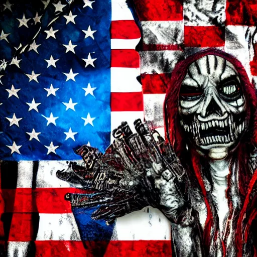 Image similar to billionaire american flag scariest horror nightmare by horiyoshi iii, digital art, deepdream cosmic, 3 d high definition, trending on artstation, photorealistic, high resolution, 8 k, octane, hyper detailed, trending on deviantart insane details, intricate, elite, ornate, elegant trend, highly detailed and intricate, sharp focus, photography, unreal engine