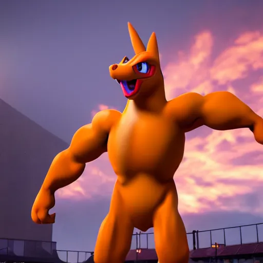 Image similar to john cena playing as charizard human hybrid movie still, cinematic, photorealistic, extreme detail, sharp focus, 8 k, intricate, hyper detailed, realistic, cinematic lighting