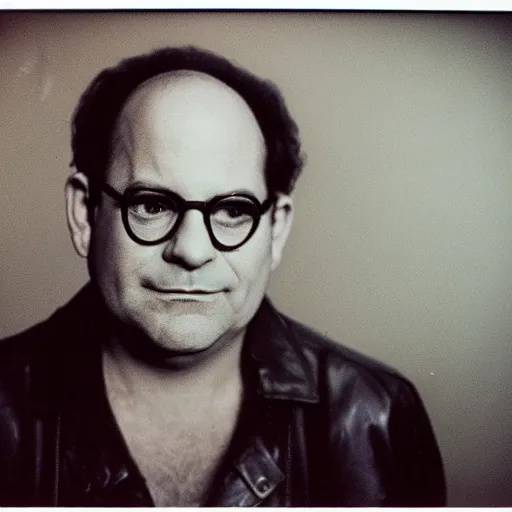 Prompt: Portrait of George Costanza in a leather jacket, ethereal, polaroid, punk