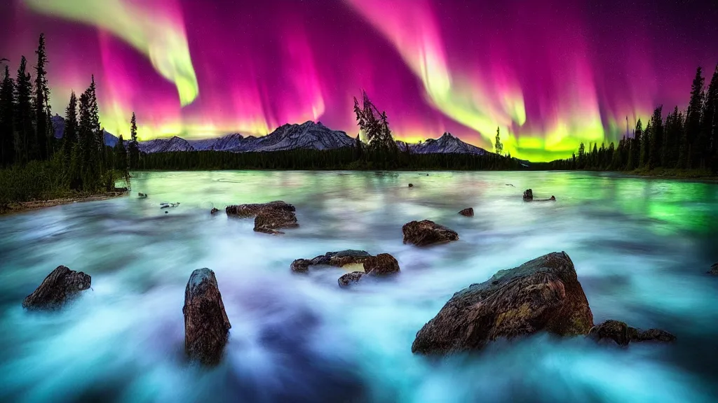 Image similar to amazing landscape photo of aurora lights with lake by marc adamus, beautiful dramatic lighting